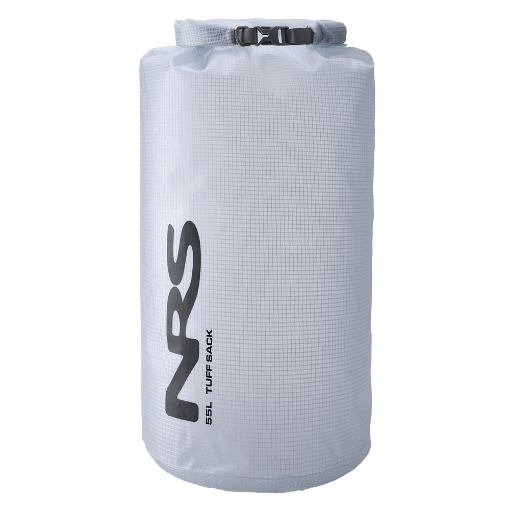 Gray cylindrical dry bag featuring the NRS Tuff Sack logo, made from ultra-durable waterproof PVC with a StormStrip system roll-top closure and black buckle.