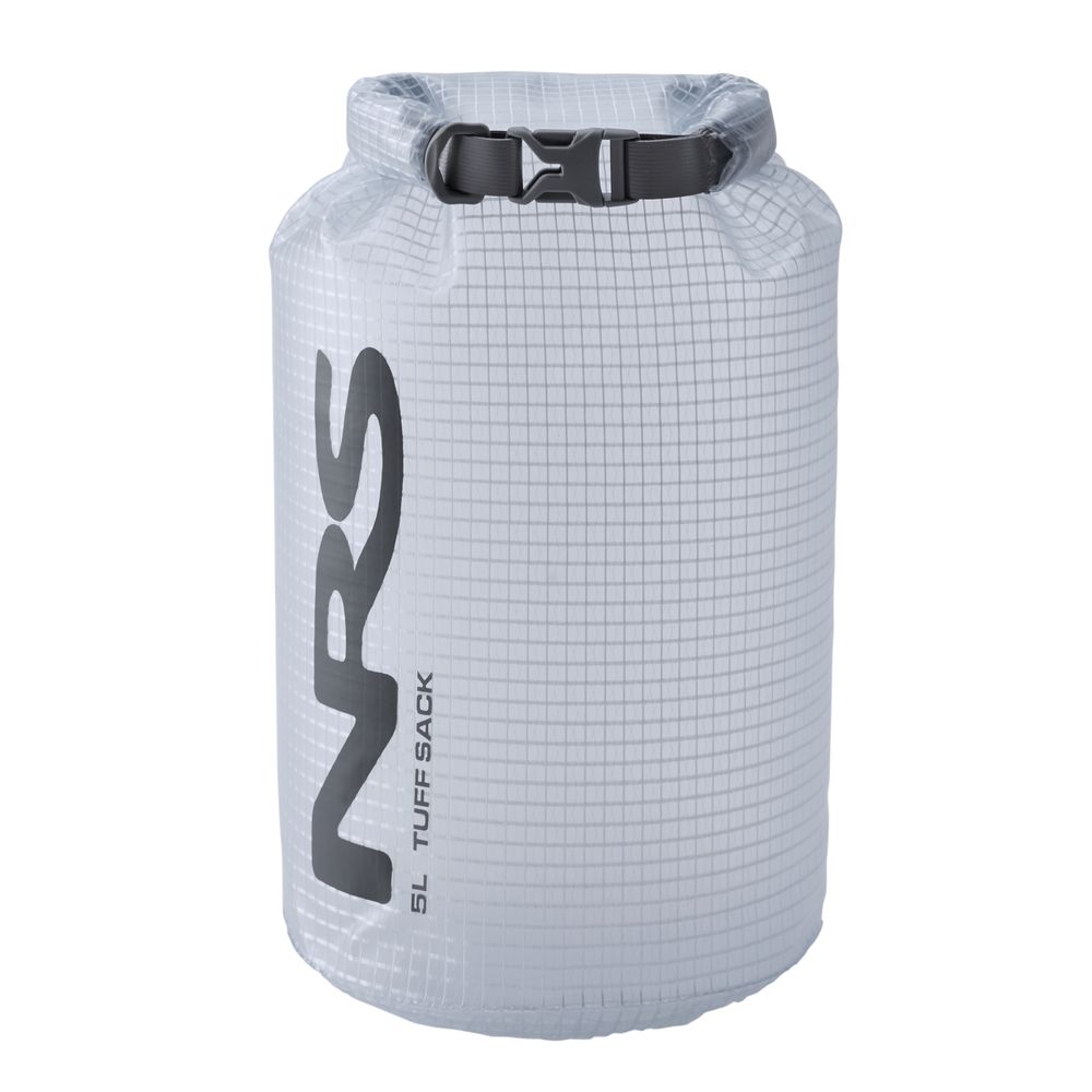 The NRS Tuff Sack is a gray dry bag made from ultra-durable, waterproof PVC. It features a roll-top closure with a black buckle and utilizes the advanced StormStrip system for added protection. Capacity: 5L.