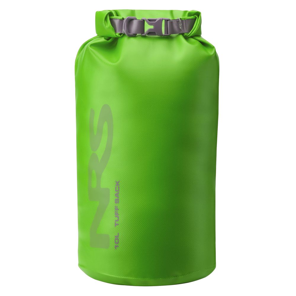 The bright green Tuff Sack by NRS features a waterproof design, a reliable roll-top closure with a gray buckle, and the StormStrip system for added security.