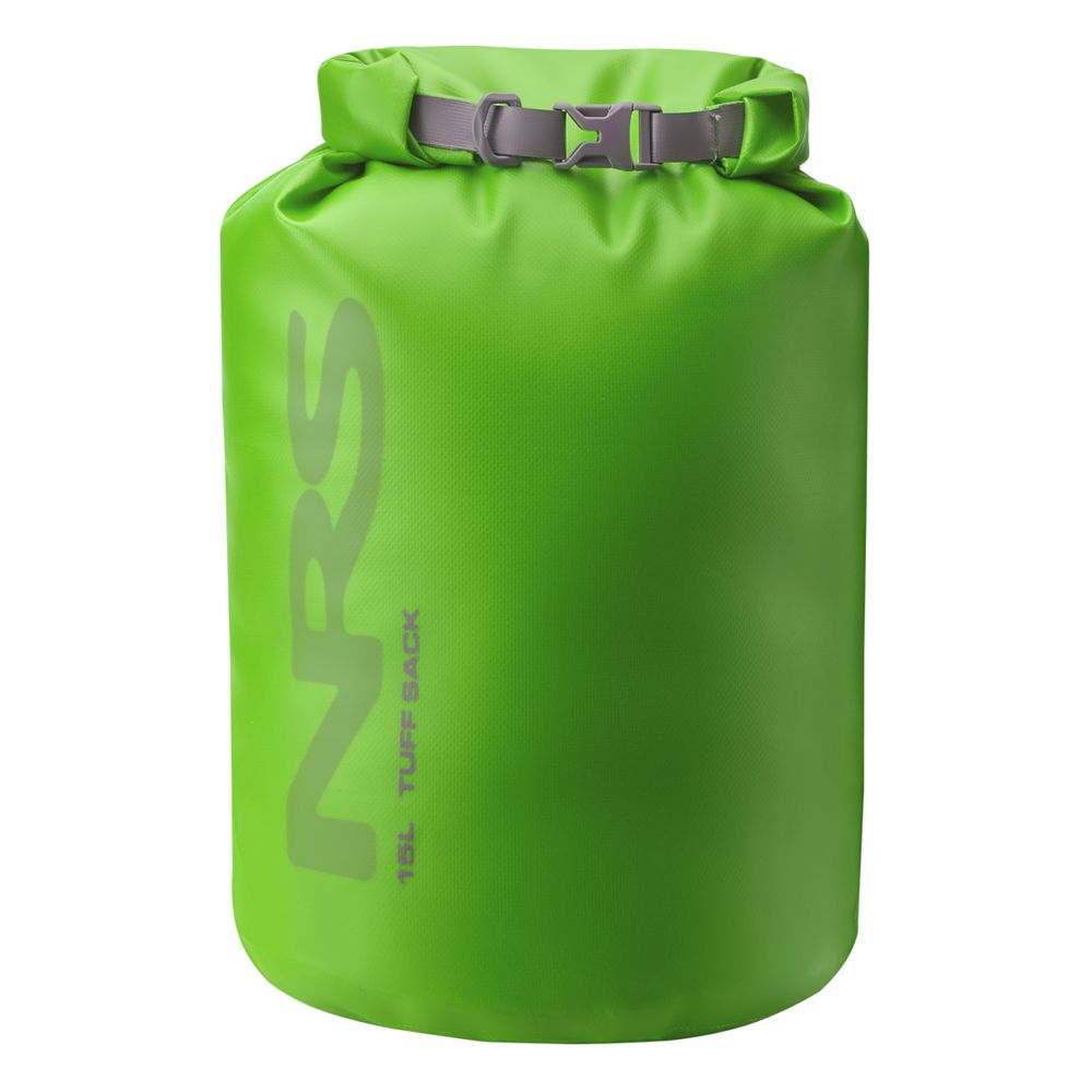 Green Tuff Sack dry bag by NRS with a roll-top closure, buckle, and StormStrip system. "NRS 15L Tuff Sack" text on the bag.