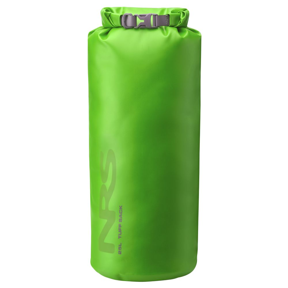 The NRS Tuff Sack, a green waterproof dry bag, features the innovative StormStrip system and a roll-top closure with a secure buckle, showcasing "NRS" and "Tuff Sack" branding on the front.