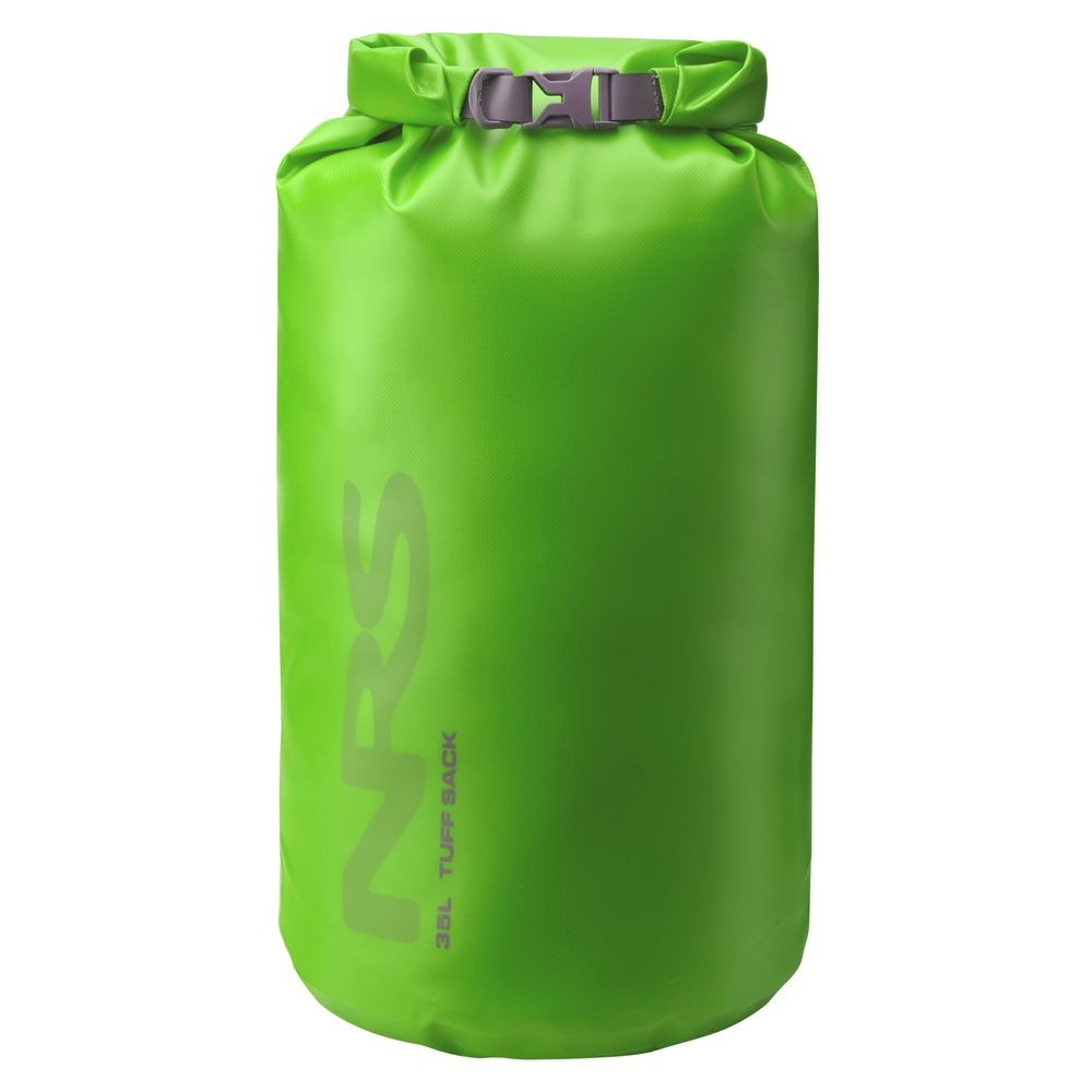 The NRS Tuff Sack is a bright green 35L waterproof dry bag with a roll-top closure, PVC construction, plastic buckle, and StormStrip system for protection.