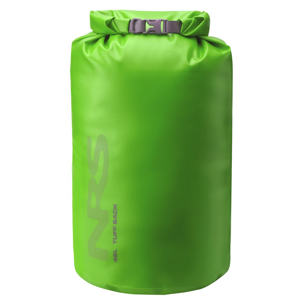 The NRS Tuff Sack is a vibrant green dry bag featuring the brand logo and side text. It has a roll-top closure with a buckle and uses the StormStrip system for added protection.