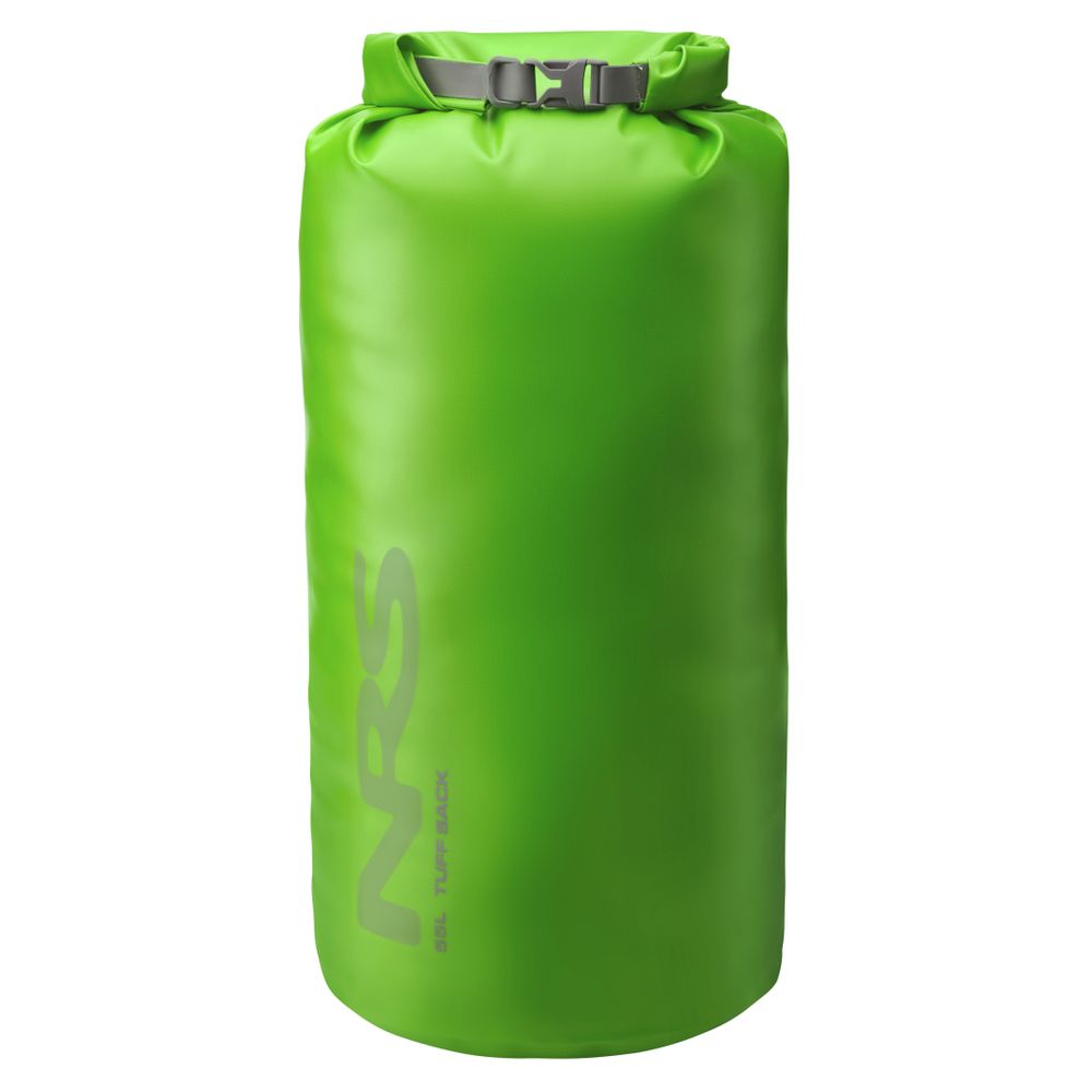 The NRS Tuff Sack is a green roll-top dry bag with a black buckle, featuring "NRS" branding on the side and an innovative StormStrip system for added security.