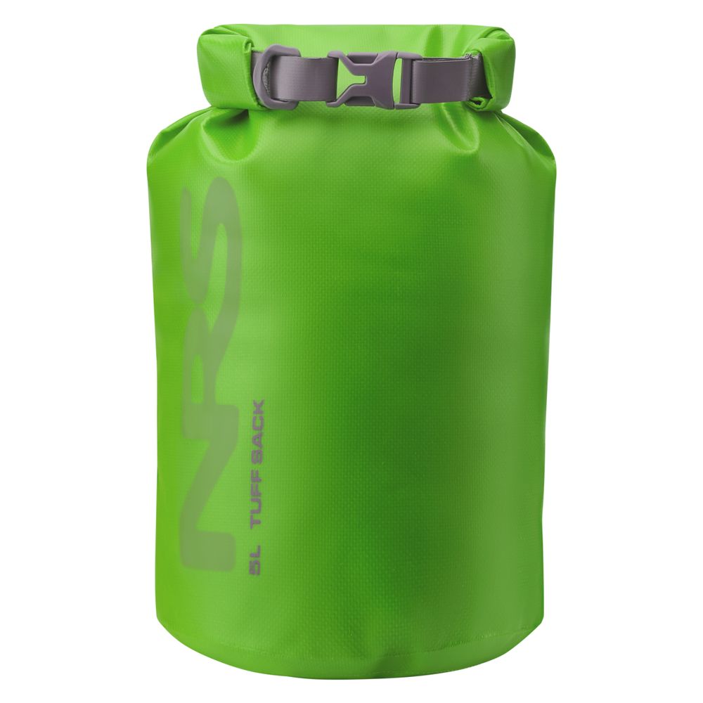 The NRS Tuff Sack, a bright green dry bag, features the StormStrip system with roll-top closure and buckle. It's waterproof and adventure-ready, available in a 5L size.