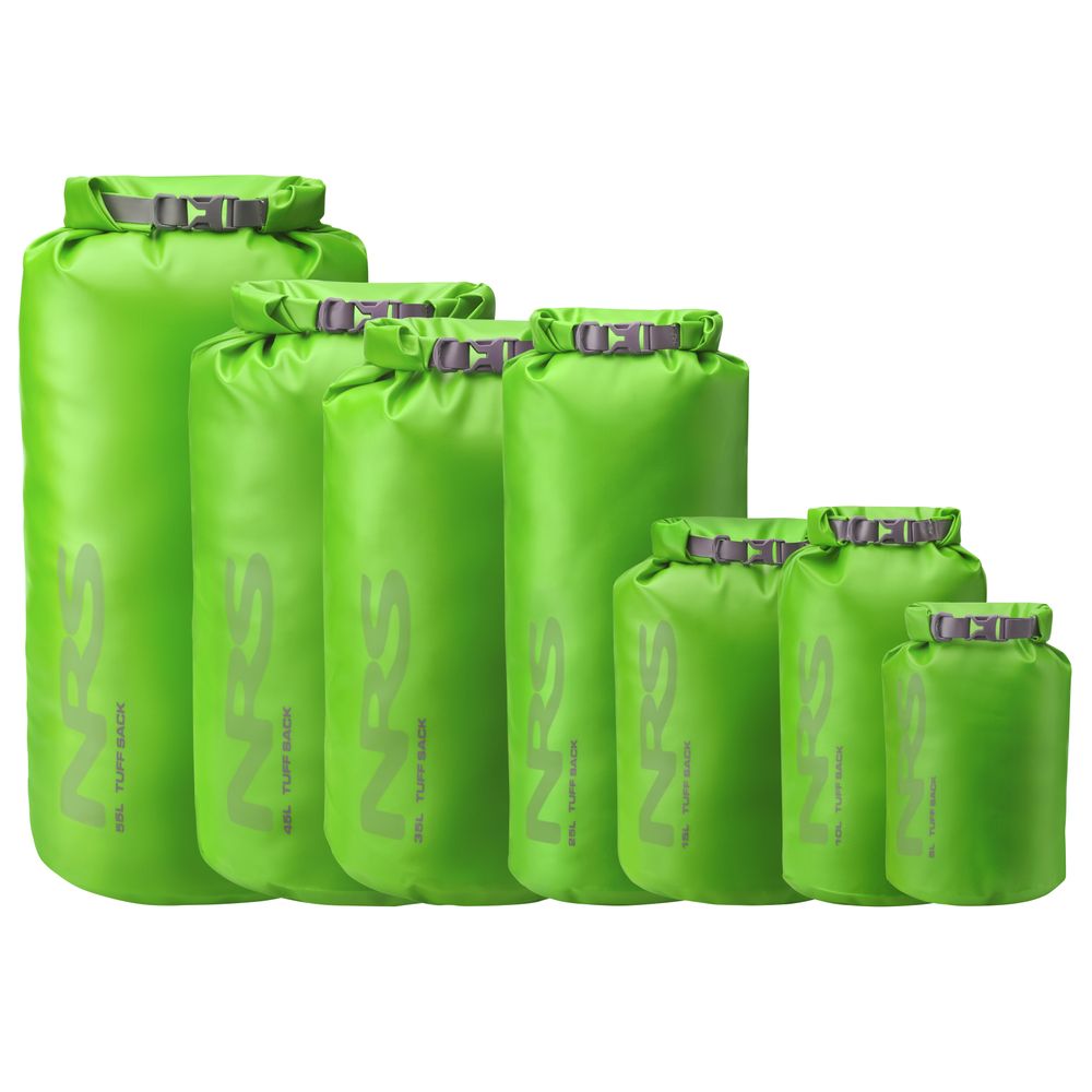 Seven green Tuff Sack waterproof bags from NRS, made of ultra-durable PVC and featuring the StormStrip system, are shown standing upright.