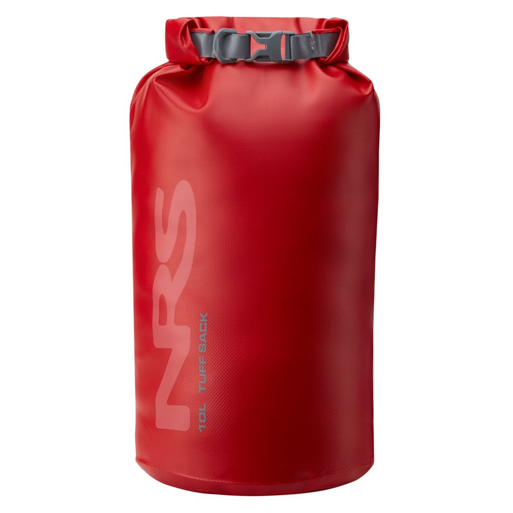 The NRS Tuff Sack is a red, waterproof dry bag featuring a StormStrip roll-top closure and buckle, with "NRS" and "10L Tuff Sack" printed on the front.