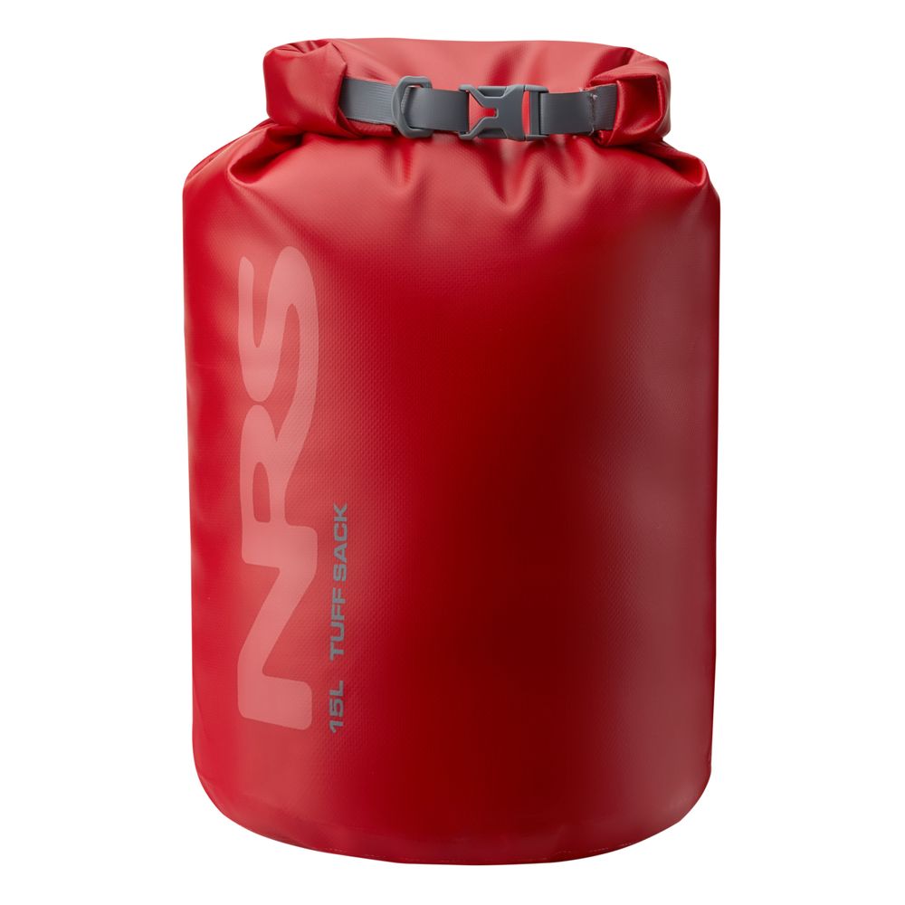 The NRS Tuff Sack is a 15L ultra-durable dry bag in red, featuring a rolled top and buckle closure with the StormStrip system for secure sealing. It's made from waterproof PVC to protect your gear even in harsh conditions.