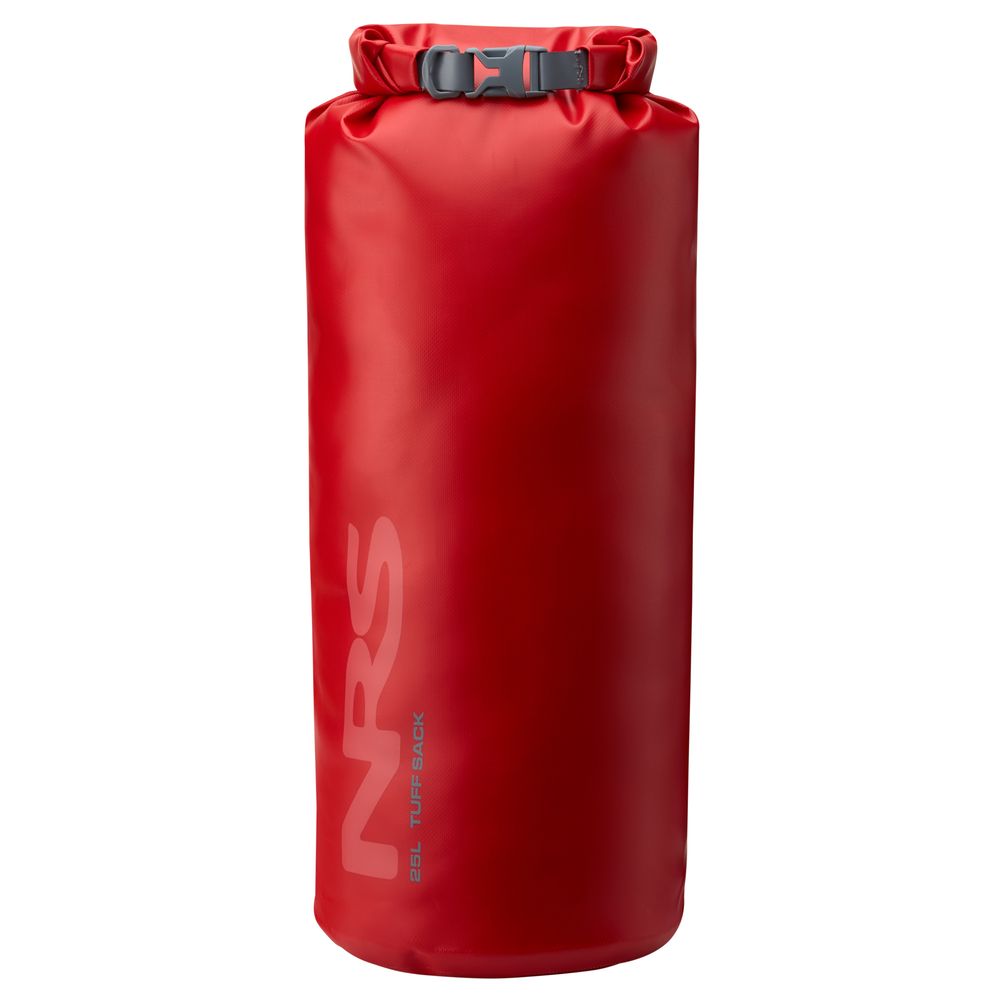 The NRS Tuff Sack in vibrant red features an ultra-durable StormStrip system with roll-top closure and buckle for superior protection. Made from waterproof PVC, it ensures your belongings stay dry on any adventure.