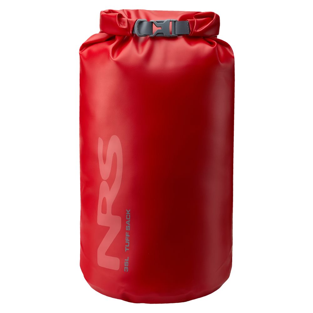 The NRS Tuff Sack is a red waterproof dry bag, featuring ultra-durable PVC construction and buckle closure, with the StormStrip system for maximum protection.