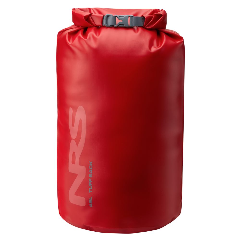 The NRS Tuff Sack is a red, ultra-durable dry bag made from waterproof PVC. It features a roll-top closure with a buckle, the NRS logo, "65L Tuff Sack" text, and uses the StormStrip system for enhanced leak protection.