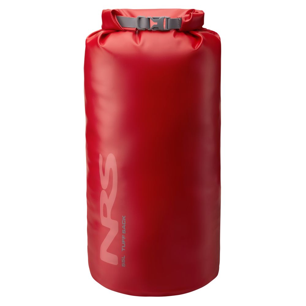 A red NRS Tuff Sack, waterproof and durable, features a roll-top closure with buckle. The dry bag includes the StormStrip system for extra protection against the elements, with "NRS" branding on the side.