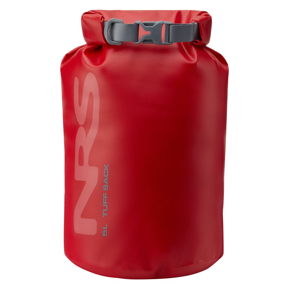 The NRS Tuff Sack 5L is a red ultra-durable dry bag with a gray buckle, featuring waterproof PVC and the StormStrip closure system, ideal for keeping gear safe and dry.
.