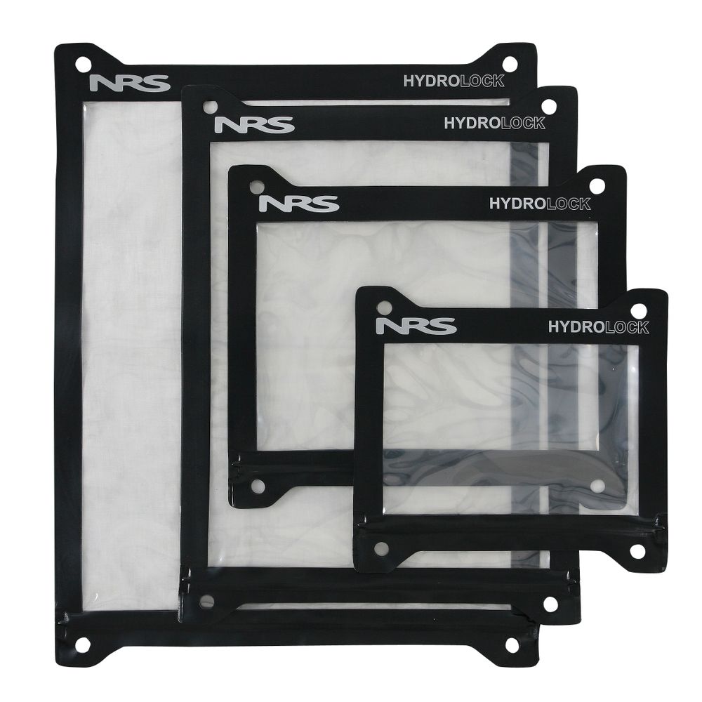 Four clear rectangular map cases, labeled "NRS Hydrolock Mapcessory Map Case," come in varying sizes with black borders and are waterproof.