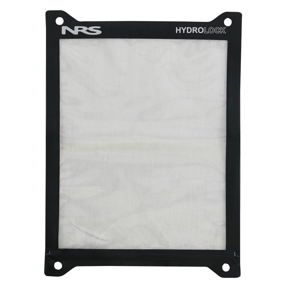 The NRS Hydrolock Mapcessory Map Case is a clear electronic dry bag with a black border and the "NRS HydroLock" label. It includes four corner holes for secure attachment, keeping your gear safe on the go.