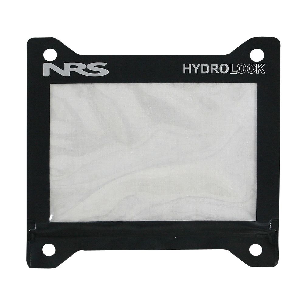 The NRS Hydrolock Mapcessory Map Case, in black, features a transparent window and four corner holes for easy attachment, keeping your maps dry and secure.