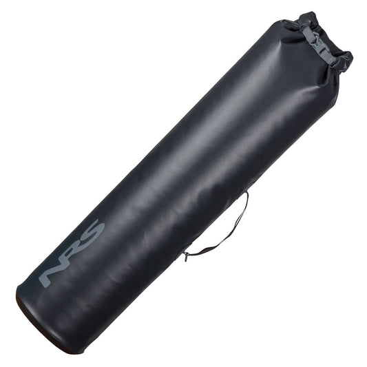 The Extra Long Drybag by NRS is a black cylindrical dry bag made from durable PVC, featuring a roll-top closure and carrying handle, ideal for kayak stern storage.