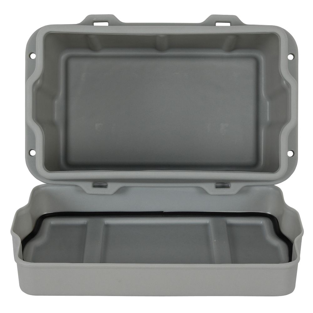 The NRS Canyon Dry Box is an open gray plastic storage solution crafted from durable polyethylene, equipped with a hinged lid and a reliable gasket seal around the rim.