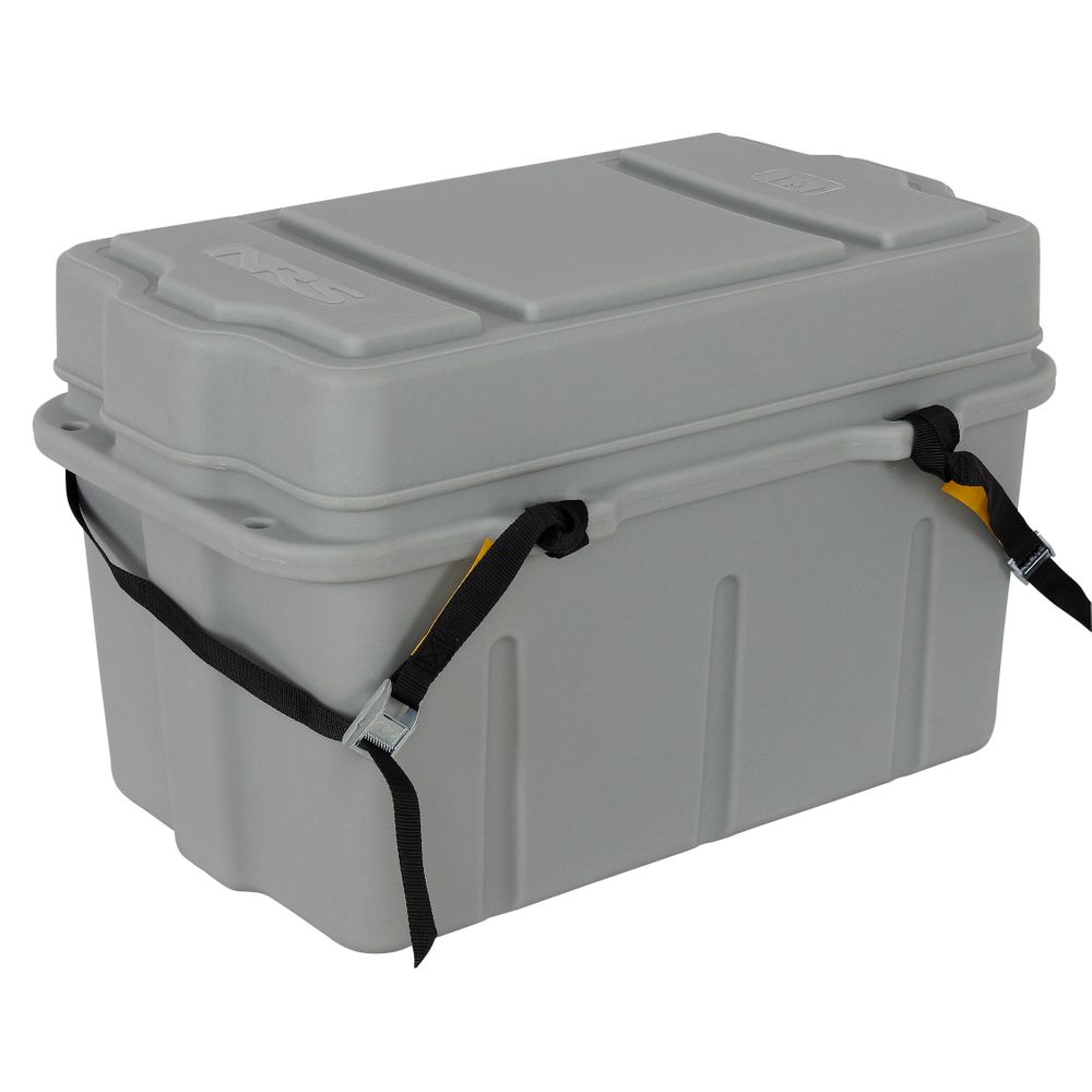 The NRS Canyon Dry Box is a gray plastic storage solution made from durable polyethylene. It features a hinged lid with a gasket seal for dry storage and includes two black carrying straps for easy portability.