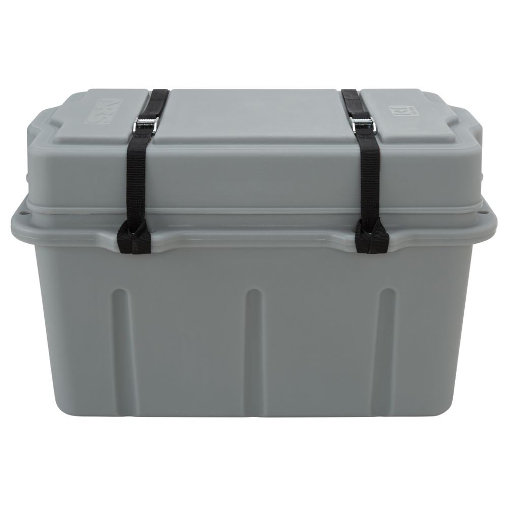 The Canyon Dry Box by NRS is crafted from durable polyethylene and features a latched lid with two black straps. Its gray design is ideal for dry storage, ensuring contents stay protected.