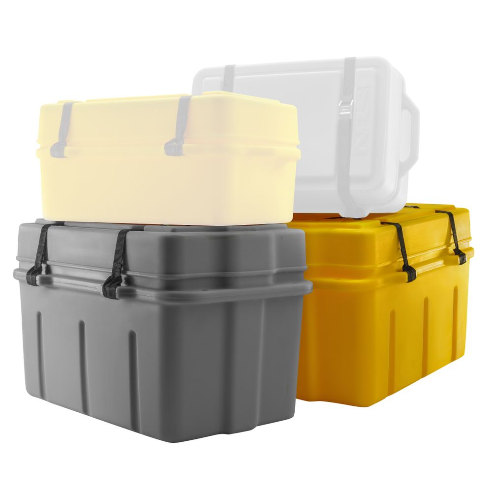 The NRS Canyon Dry Box offers durable storage with polyethylene construction and a gasket seal lid, perfect for keeping items dry. Available in yellow and gray, it includes three units: two yellow cases and one gray case.