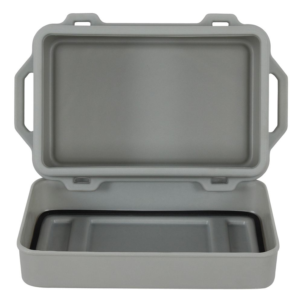 The NRS Boulder Dry Box is a durable gray rectangular container with a lid, side handles, and a black rubber seal. Its polyethylene construction offers reliable waterproof storage for any adventure.