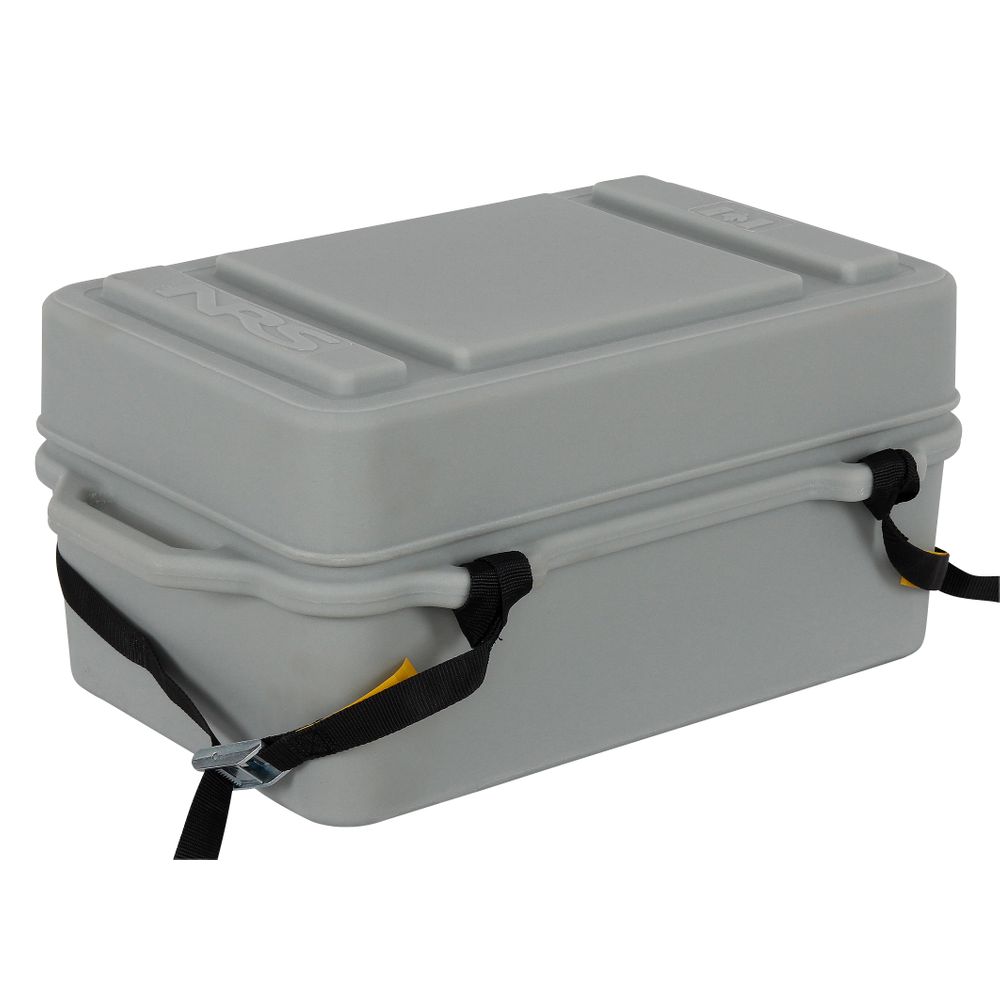 The NRS Boulder Dry Box is a gray rectangular cooler featuring black straps and a sturdy, ribbed lid crafted from durable polyethylene.