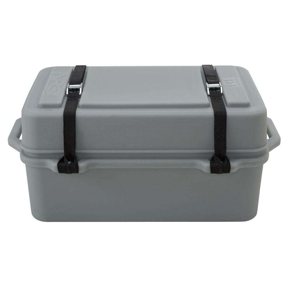 The NRS Boulder Dry Box is made of durable gray polyethylene, features black straps and side handles, making it perfect to keep your gear safe and secure while camping.