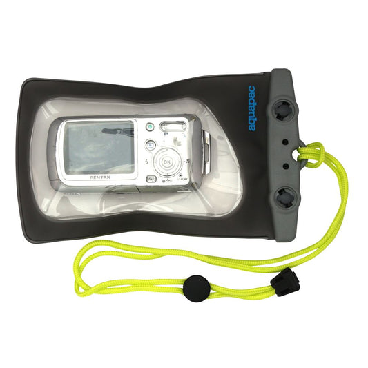 The Aquapac Waterproof Camera Case - Mini 408 from Aquapac holds a digital camera in a transparent, PVC-free waterproof case with a neon green lanyard.