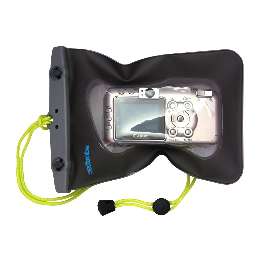 The Aquapac Waterproof Camera Case - Small 418 is a transparent, LENZFLEX waterproof camera case that includes a yellow lanyard.