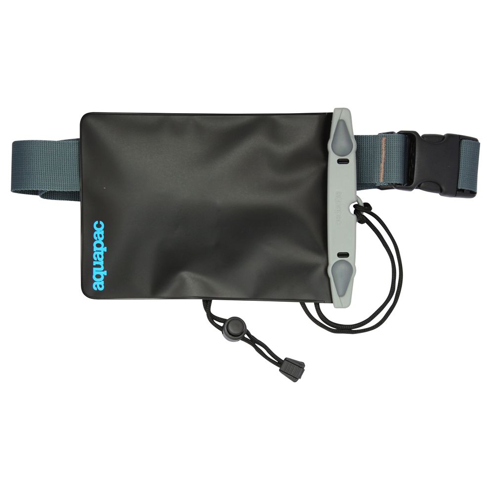 The Aquapac Belt Dry Case 828 is a black, waterproof case with an adjustable strap and buckle, featuring a cord and toggle for sealing. "Aquapac" is printed in blue on the side, emphasizing its recyclable material for eco-friendly use.