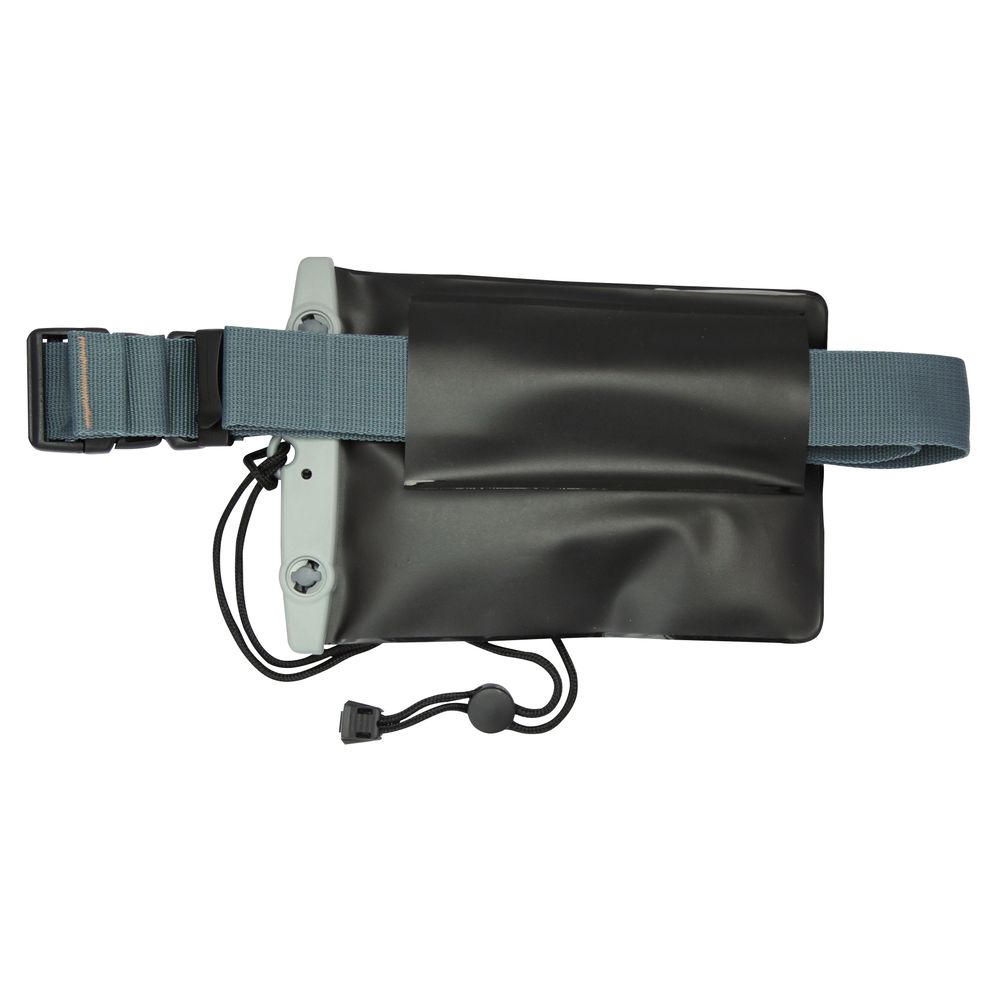 Introducing the Aquapac Belt Dry Case 828: a waterproof black pouch featuring a blue adjustable strap and plastic clasp. Made of recyclable material, it boasts a foldable closure with a string and toggle, offering both style and sustainability akin to an Aquapac lanyard.