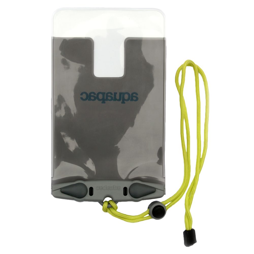 The Aquapac Waterproof iPhone 6+ pouch by Aquapac provides superior phone protection with a secure gray top and is paired with a bright yellow lanyard for convenient carrying.