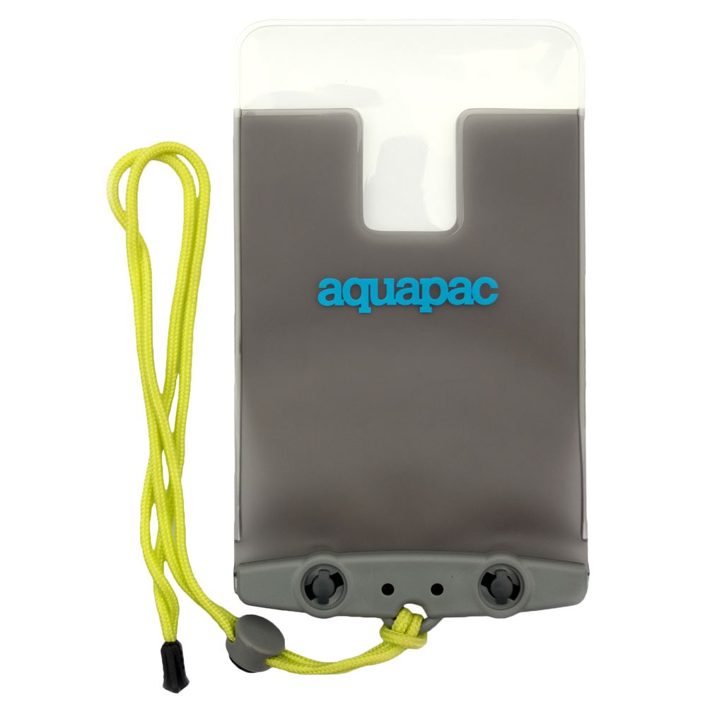 The Aquapac Waterproof iPhone 6+ case, branded by Aquapac, is a gray and transparent protective solution with a yellow lanyard, ensuring your electronics are safe.