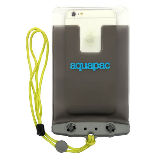 The Aquapac Waterproof iPhone 6+ case provides exceptional phone protection, displaying a visible smartphone. It has a gray front with "Aquapac" branding and includes a bright yellow lanyard, blending style with top-tier electronic safety.