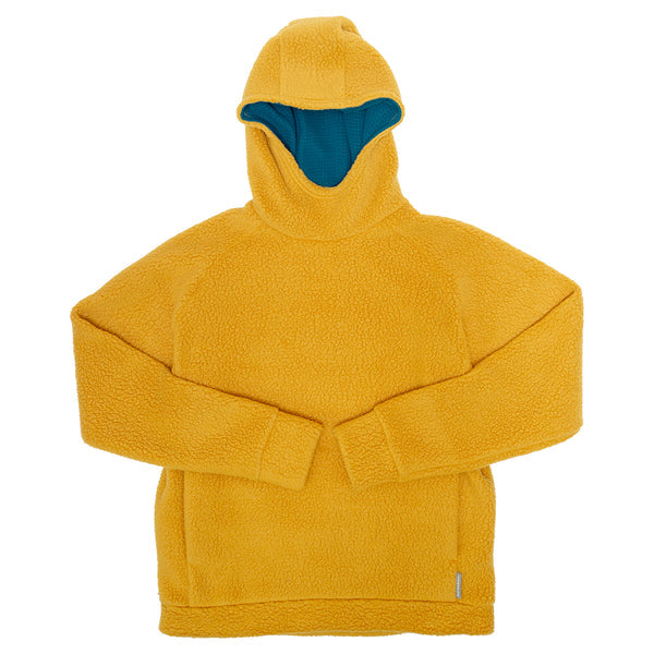 The Immersion Research Hot Lap Hoodie - Women's is a warm and cozy yellow fleece hoodie, featuring a teal lining and displayed flat against a white background. Its lightweight design makes it perfect for staying comfortable in cooler weather.