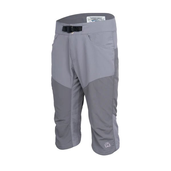 A pair of knee-length gray Immersion Research Shinzer Shorts with an adjustable belt, featuring two front pockets and a logo on the left leg.