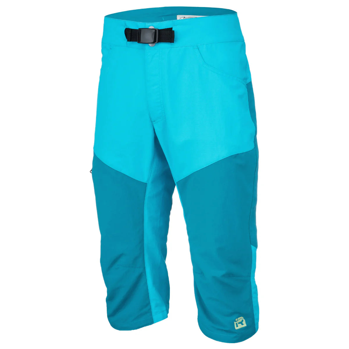 Bright blue knee-length Shinzer Shorts from Immersion Research with a darker shade on the bottom half and an adjustable webbing belt at the waist, crafted in durable nylon taslan for a perfect paddling fit.