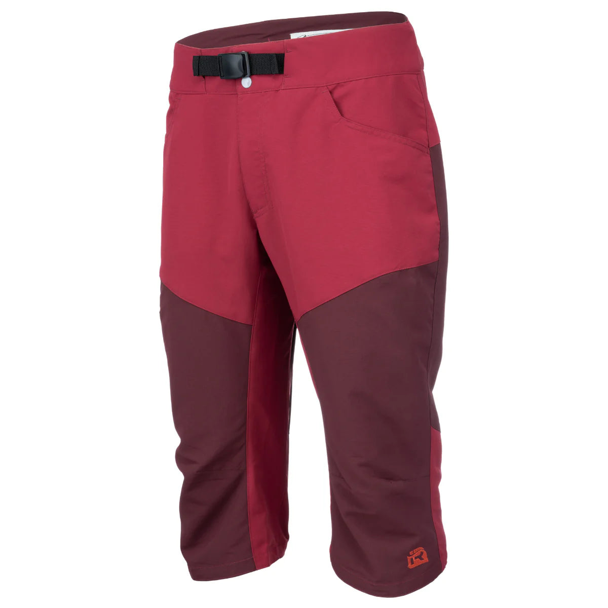 A pair of red and maroon knee-length Shinzer Shorts from Immersion Research with a black adjustable webbing belt. The shorts feature a two-tone design and appear to have a sporty or outdoor style, perfect for paddling fit adventures.