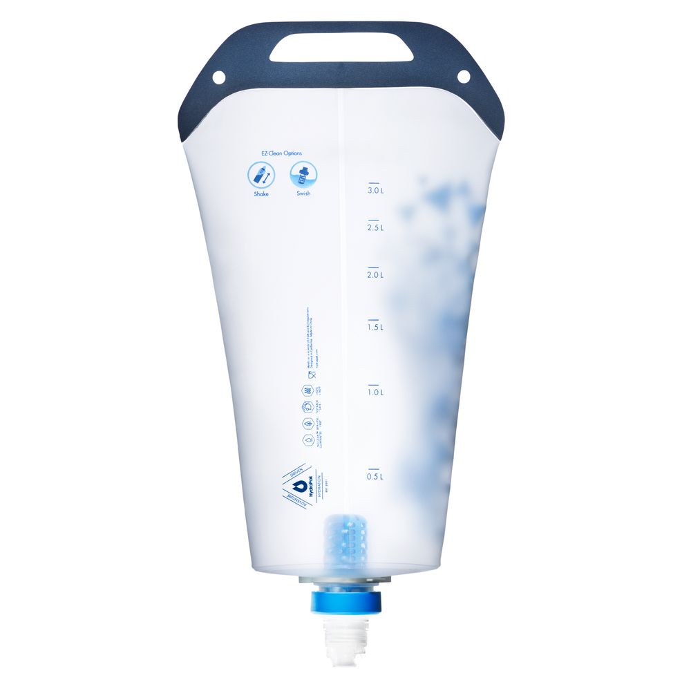 The hydration reservoir with a blue cap and handle comes with volume measurements, cleaning icons, and is compatible with the NRS Base Camp Pro Water Filter for gravity filtering through a pleated glass-fiber filter.