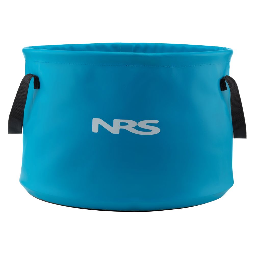 The Big Basin Bucket, by NRS, is a blue PVC collapsible bucket featuring black handles and the "NRS" logo on the side for durability.