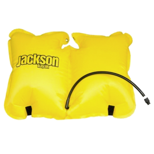 Yellow kayak float bag branded with "Jackson Kayak" in black, has two compartments, a black inflation tube, and includes a Happy Seat inflatable bladder for added comfort.