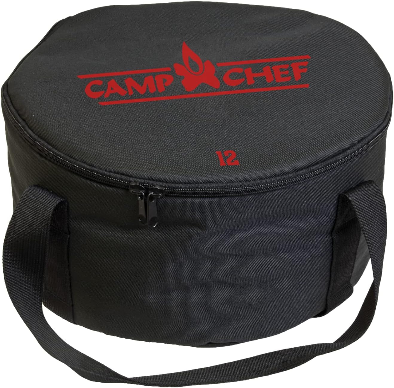 A black Camp Chef Dutch Oven Carry Bag with a red Camp Chef logo on it.