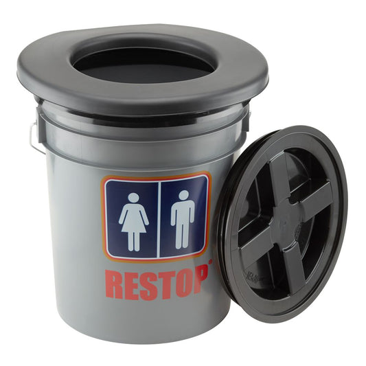 The NRS Restop Commode is ideal for backcountry trips, featuring a gray bucket, black seat, removable lid, and adorned with restroom symbols and "RESTOP" text on the side for convenient portability.