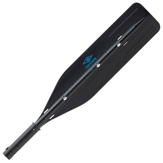 The XHD Outfitter Oar Blade by Carlisle is crafted from high-impact black synthetic material with three slots, a cylindrical attachment point, and features a blue logo.