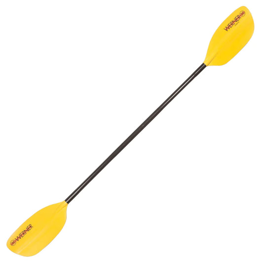 A demo Werner Amigo black kayak paddle with yellow blades and a durable fiberglass shaft, ideal for smaller paddlers.