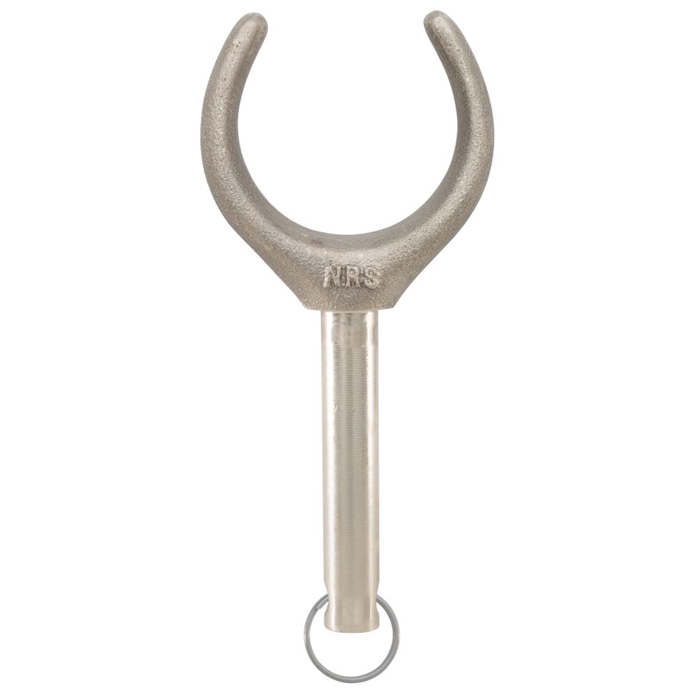 The NRS Superston Oarlock is a durable metal oar lock made from manganese bronze with a U-shaped bracket and a cylindrical shaft featuring a small ring at the base.