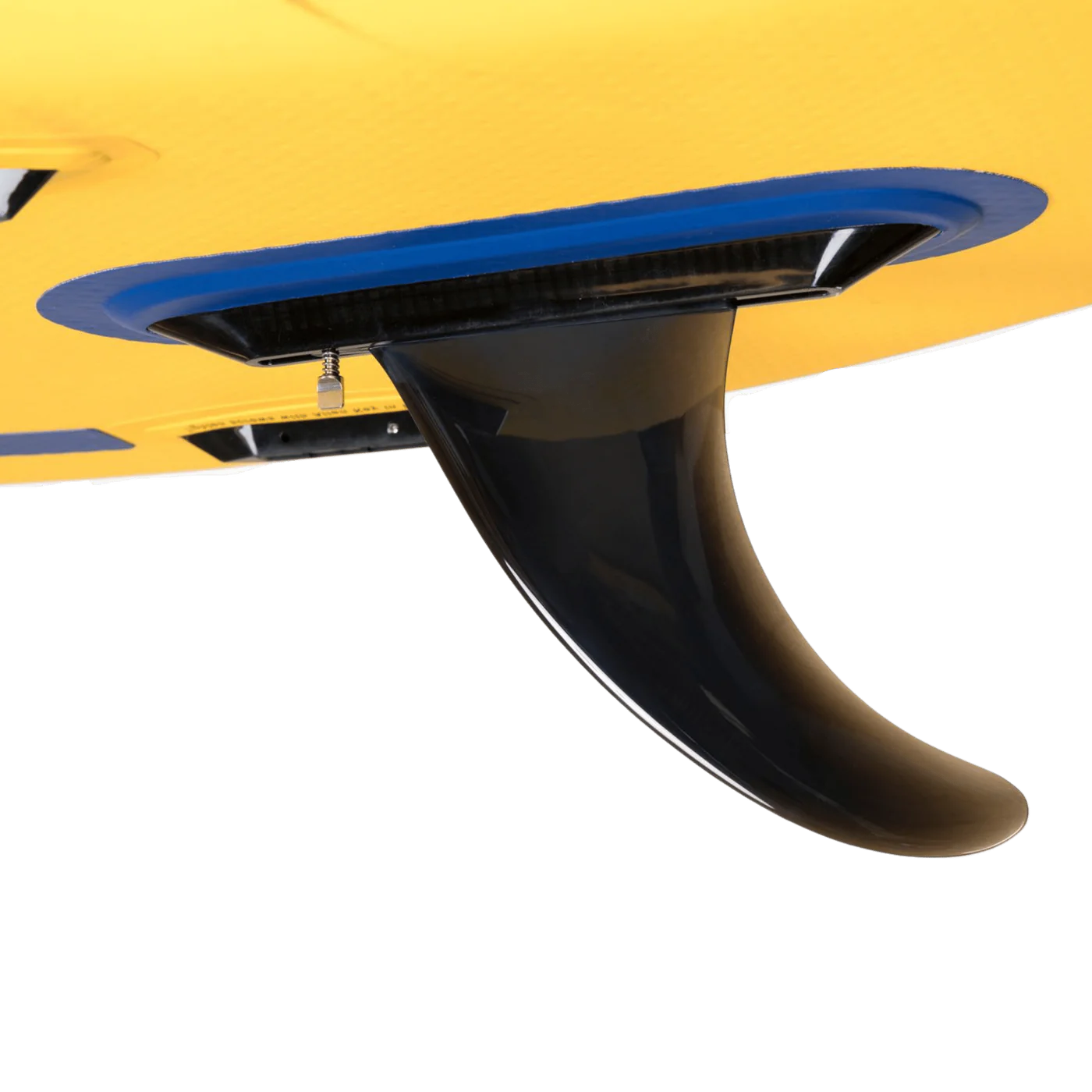 Close-up of an 8in Flex Fin by SOL Paddle Boards attached to the bottom of a yellow surfboard, ideal for deep river running.