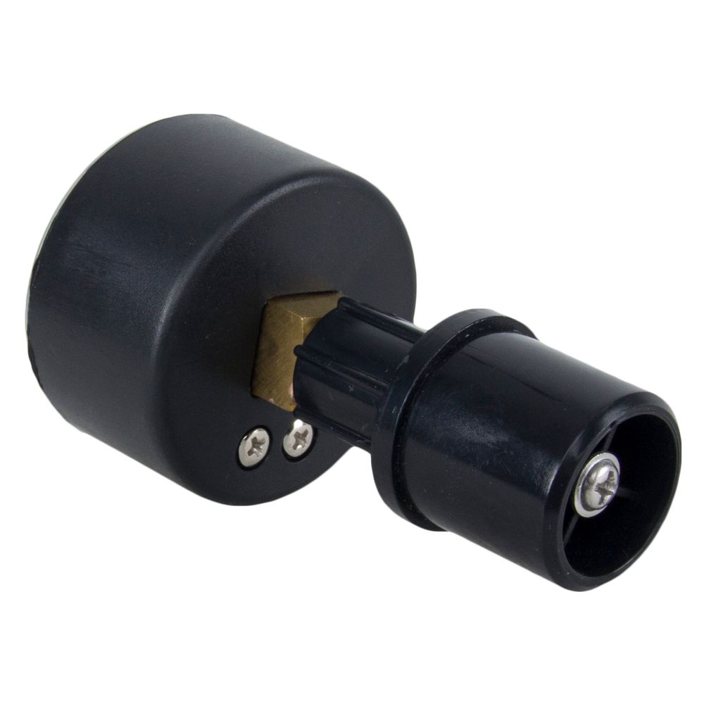 The NRS Pressure Gauge - Mechanical is a black plastic adapter featuring a cylindrical and rectangular end, metal screws, and a central metallic contact, ideal for precise air pressure monitoring in inflatable boat accessories.