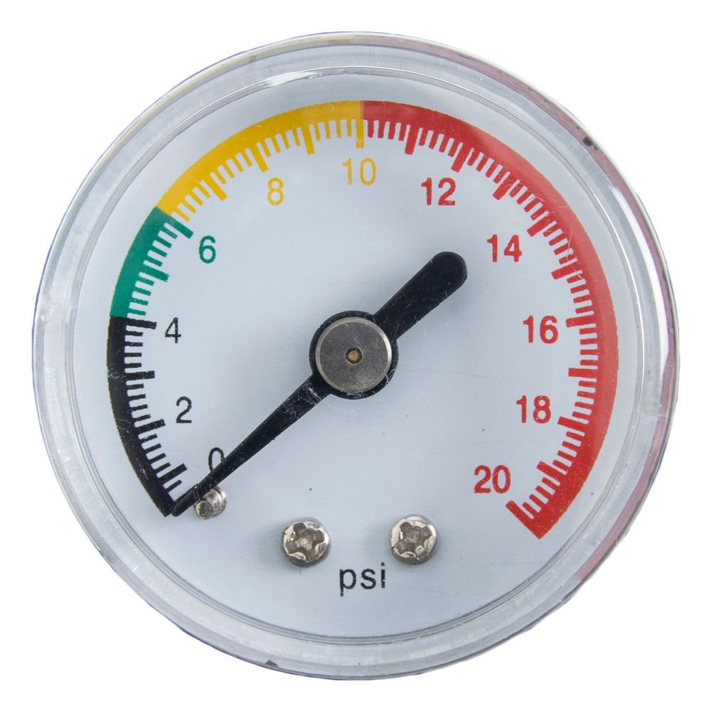 The NRS Pressure Gauge - Mechanical features a round design showing psi with color-coded zones: green (0-6), yellow (6-10), and red (10-20). The gauge currently reads in the yellow, making it a crucial inflatable boat accessory.